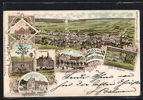 Lithographie Gandersheim, Gasthaus Waldschlösschen, Wilhelm Augusta Stift, Progymnasium