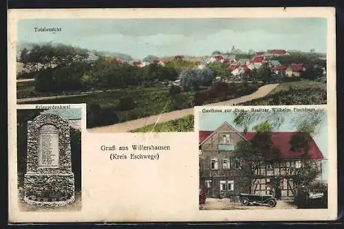 AK Willershausen /Eschwege, Gesamtansicht, Kriegerdenkmal, Gasthaus zur Post, Inh. Wilhelm Fischbach