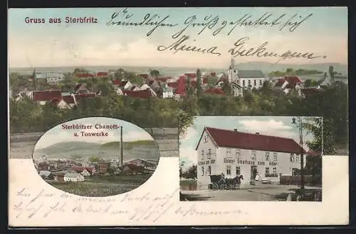 AK Sterbfritz, Böhm`s Gasthaus zum Adler, Chamott- u. Tonwerke, Ortsansicht