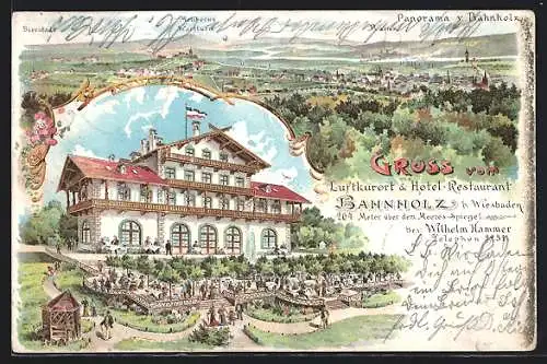 Lithographie Wiesbaden, Hotel-Restaurant Bahnholz um 1900