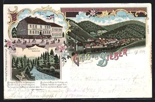 Lithographie Sieber, Gesamtansicht, Hotel zur Krone, Waldpartie im Sieberthal