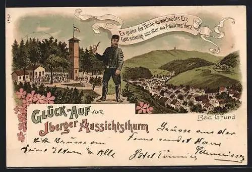 Lithographie Bad Grund, Ortstotale, der Iberger Aussichtsturm