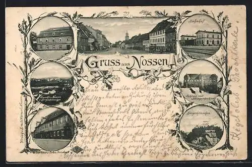 AK Nossen, Bahnhof, Schloss mit Kriegerdenkmal, Gasthaus Bergschlösschen
