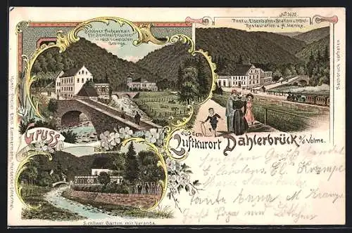 Lithographie Dahlerbrück a. d. Volme, Schöner Garten mit Veranda, Hotel A. Henke