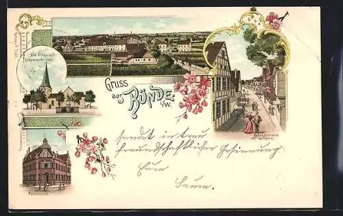 Lithographie Bünde i. W., Ortsansicht, Bahnhofstrasse mit Balldamm, alte Kirche und Kriegerdenkmal, Postgebäude