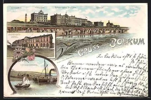 Lithographie Borkum, Bahnhof`s Hotel, Landungsbrücke, Strandpromenade