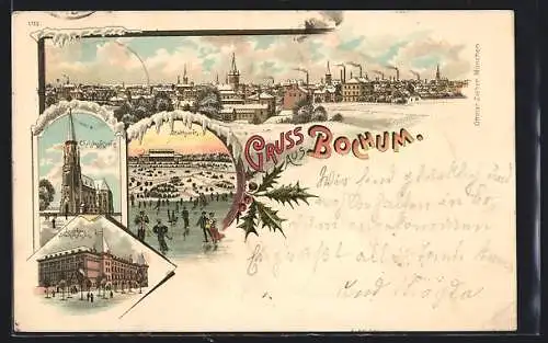 Lithographie Bochum, Totalansicht, Christus-Kirche, Stadtpark