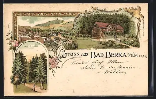 Lithographie Bad Berka a. Ilm, Waldschlösschen, Gambach-Grund, Ortsansicht