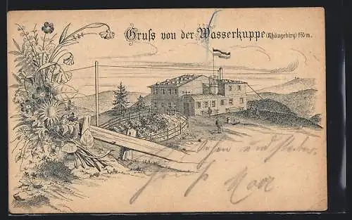 Vorläufer-Lithographie Wasserkuppe /Rhöngebirg, 1892, Gebäude mit Fahne im Wind