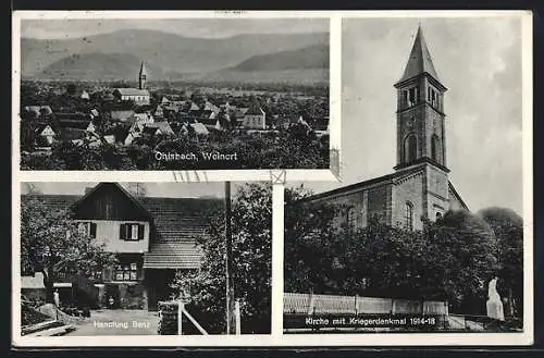 AK Ohlsbach /Schwarzw., Handlung Benz, Kirche mit Kriegerdenkmal