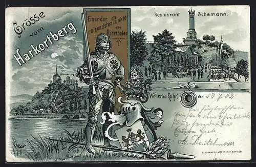 Mondschein-Lithographie Wetter a. d. Ruhr, Harkortberg, Restaurant Schemann, Ritter in Rüstung