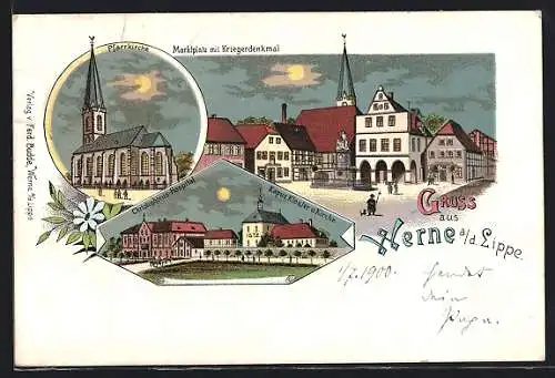 Mondschein-Lithographie Werne a. d. Lippe, Marktplatz mit Kriegerdenkmal, Christophorus-Hospital, Pfarrkirche