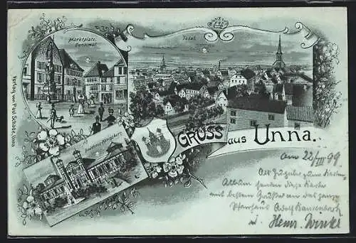 Mondschein-Lithographie Unna, Badehaus Königsborn, Marktplatz mit Denkmal, Ortsansicht