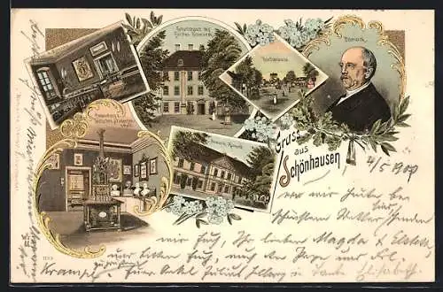 Lithographie Schönhausen / Elbe, Dorfstrasse, Bismarck-Museum, Geburtshaus v. Bismarck