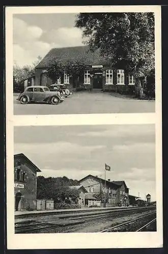 AK Lathen /Ems, Gasthof Bruns, Bahnhof mit Gleisen