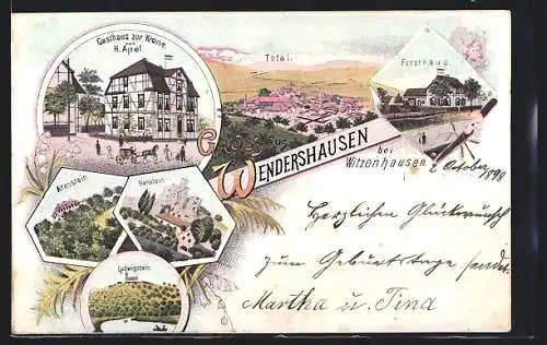 Lithographie Wendershausen / Witzenhausen, Gasthaus zur Krone v. H. Apel, Forsthaus, Totalansicht