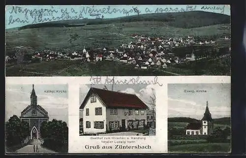 AK Züntersbach, Gasthof zum Hirschen, Inh. Ludwig Hahn, Kathol. u. Evang. Kirche, Totalansicht