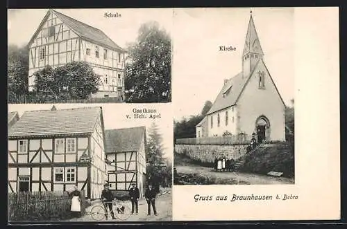 AK Braunhausen b. Bebra, Gasthaus v. Hch. Apel, Schule, Kirche