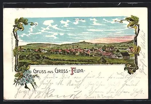 Lithographie Gross-Felda, Ortsansicht aus der Vogelschau