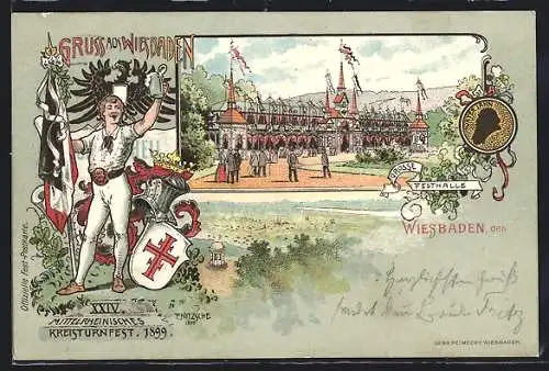 Lithographie Wiesbaden, XXIV. Mittelrheinisches Kreisturnfest 1899, Blick auf die grosse Festhalle