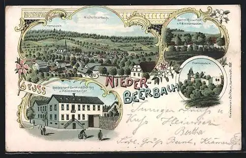 Lithographie Nieder-Beerbach, Restaurant Darmstädter Hof v. P. Simmermacher, Ortsansicht