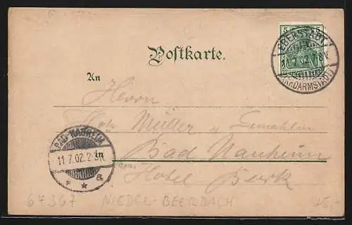 Lithographie Nieder-Beerbach, Restaurant Darmstädter Hof v. P. Simmermacher, Ortsansicht