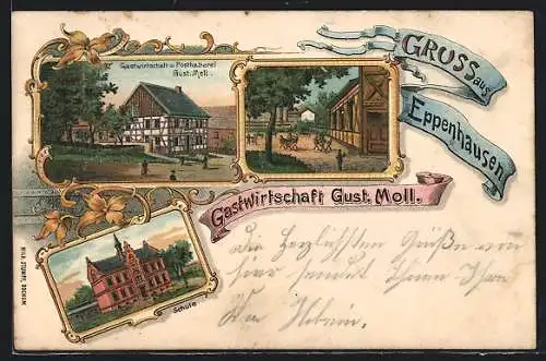 Lithographie Eppenhausen, Gastwirtschaft u. Posthalterei Gust. Mell, Schule