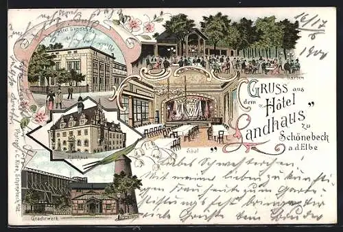 Lithographie Schönebeck / Elbe, Hotel Landhaus, Rathaus, Gradirwerk