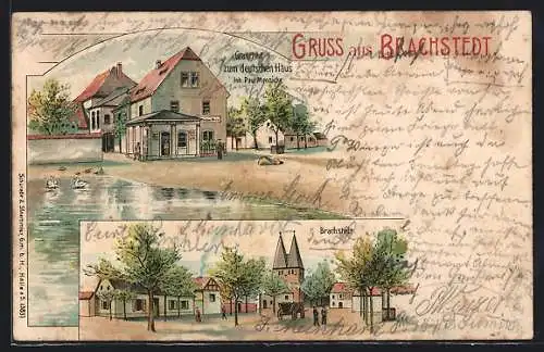 Lithographie Brachstedt, Gasthof zum deutschen Haus, Inh. Paul Mennicke, Ortsansicht