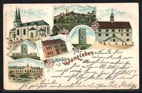Lithographie Wanzleben, Kirche, Rathaus, Neue Schule, Blaue Warte