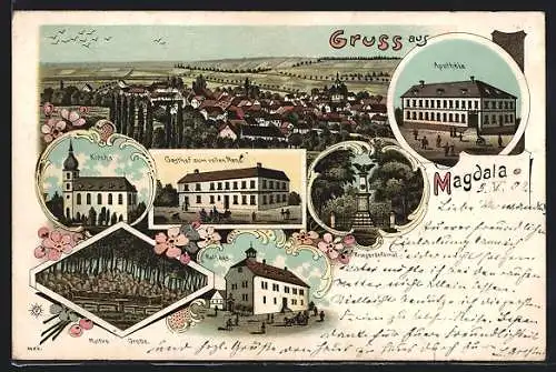 Lithographie Magdala, Gasthof zum vollen Mond, Apotheke, Rathaus