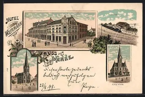 Lithographie Wanne, Hotel Woermann, Bahnhof, Evangl. u. Kathol. Kirche
