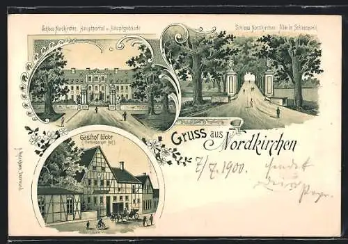 Lithographie Nordkirchen, Gasthof Lücke, Schloss