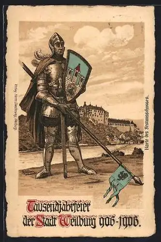 Lithographie Weilburg, Tausendjahrfeier der Stadt 1906 Ritter mit Wappenschild