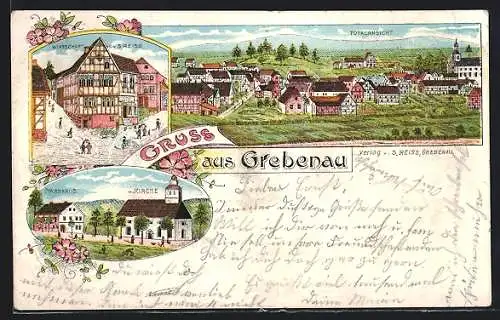 Lithographie Grebenau, Gasthof von S. Reiss, Pfarrhaus und Kirche