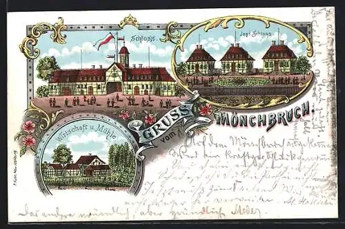 Lithographie Mönchbruch, Gasthaus und Mühle, Schloss, Jagdschloss