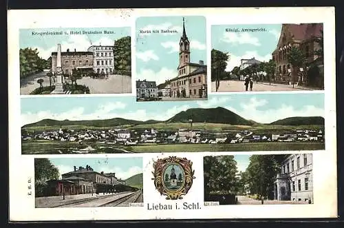 AK Liebau, Markt mit Rathaus, Bahnhof, Post, Gesamtansicht