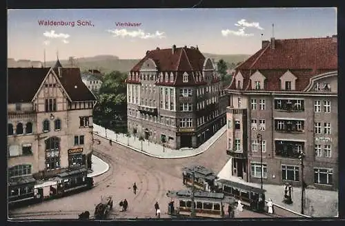 AK Waldenburg, Vierhäuserplatz, Strassenbahnen