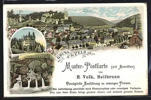 Lithographie Fels, Meysembourg, Müllerthal, Muster-Postkarte mit Ansichten, Ansichtskartengeschichte