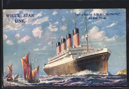 Künstler-AK Passagierschiff RMS Olympic, Schwesterschiff der Titanic, White Star Line