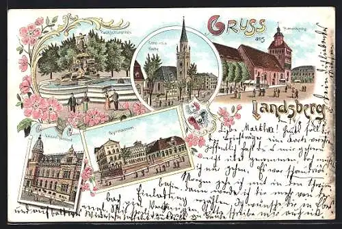 Lithographie Landsberg a. W., Paukschbrunnen, Kaiserl. Postamt, Marienkirche