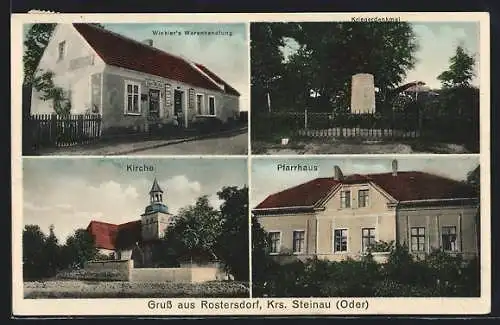 AK Rostersdorf, Winklers Warenhandlung, Pfarrhaus, Kirche, Kriegerdenkmal