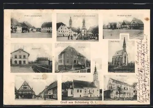 AK Schönberg, Görlitzer Strasse, Gastanstalt, Fachwerkshäuser am Markt