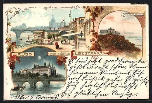 Lithographie Dresden, Elbestrand mit Leuten, Scharfenberg, nächstliche Ansicht von Meissen