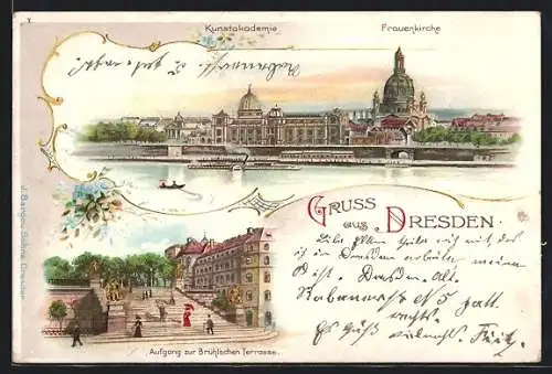 Lithographie Dresden, Frauenkirche, Aufgang zur Brühlschen Terrasse