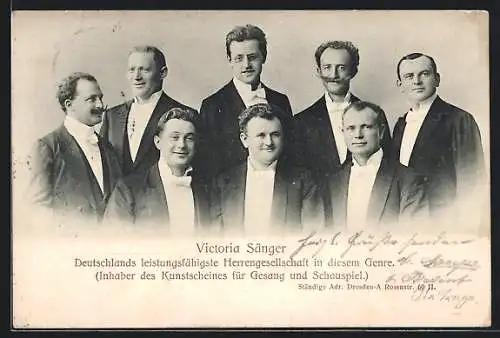 AK Dresden, Victoria Sänger, Gruppenbild der Herrengesellschaft, Rosenstr. 60 II.