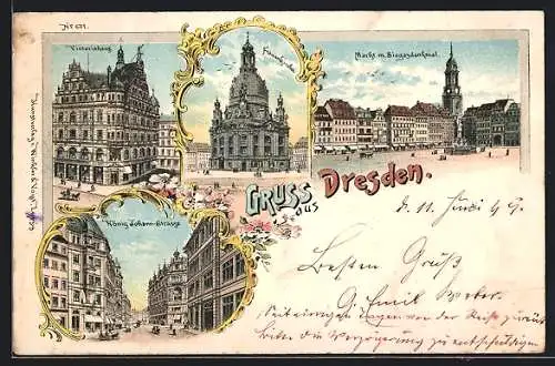 Lithographie Dresden, Victoriahaus, Frauenkirche, Markt mit Siegesdenkmal
