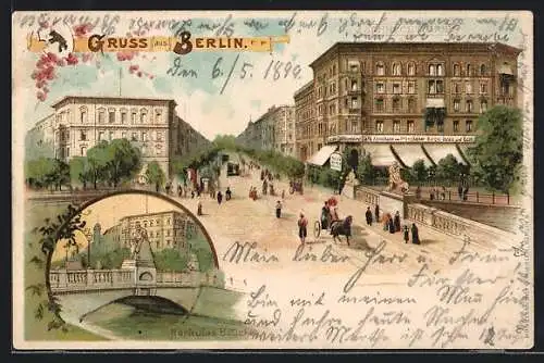 Lithographie Berlin-Tiergarten, Café Albrechtshof, Herkules-Brücke