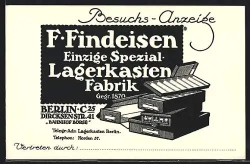 AK Berlin, Reklame Findeisen Lagerkasten Fabrik, Dircksen Str. 41