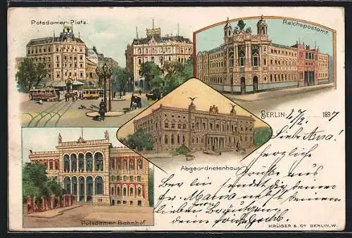 Lithographie Berlin-Tiergarten, Teilansicht Potsdamer-Platz, Reichspostamt, Abgeordnetenhaus, Potsdamer Bahnhof